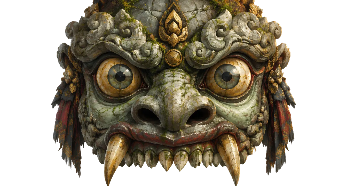 Wajah Devourer, raksasa waktu bermata emas dan bertaring panjang, mengintip dari balik awan di atas pulau.