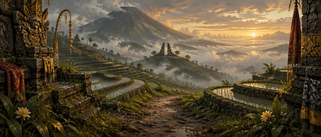 Pulau sawah bertingkat di senja berkabut. Gunung api di kejauhan, dan gerbang terbelah kecil berdiri di punggung bukit.